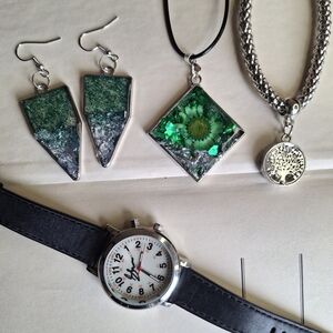 Green Resin Flower Pendant Necklace and Matching Earrings And Womens Watch